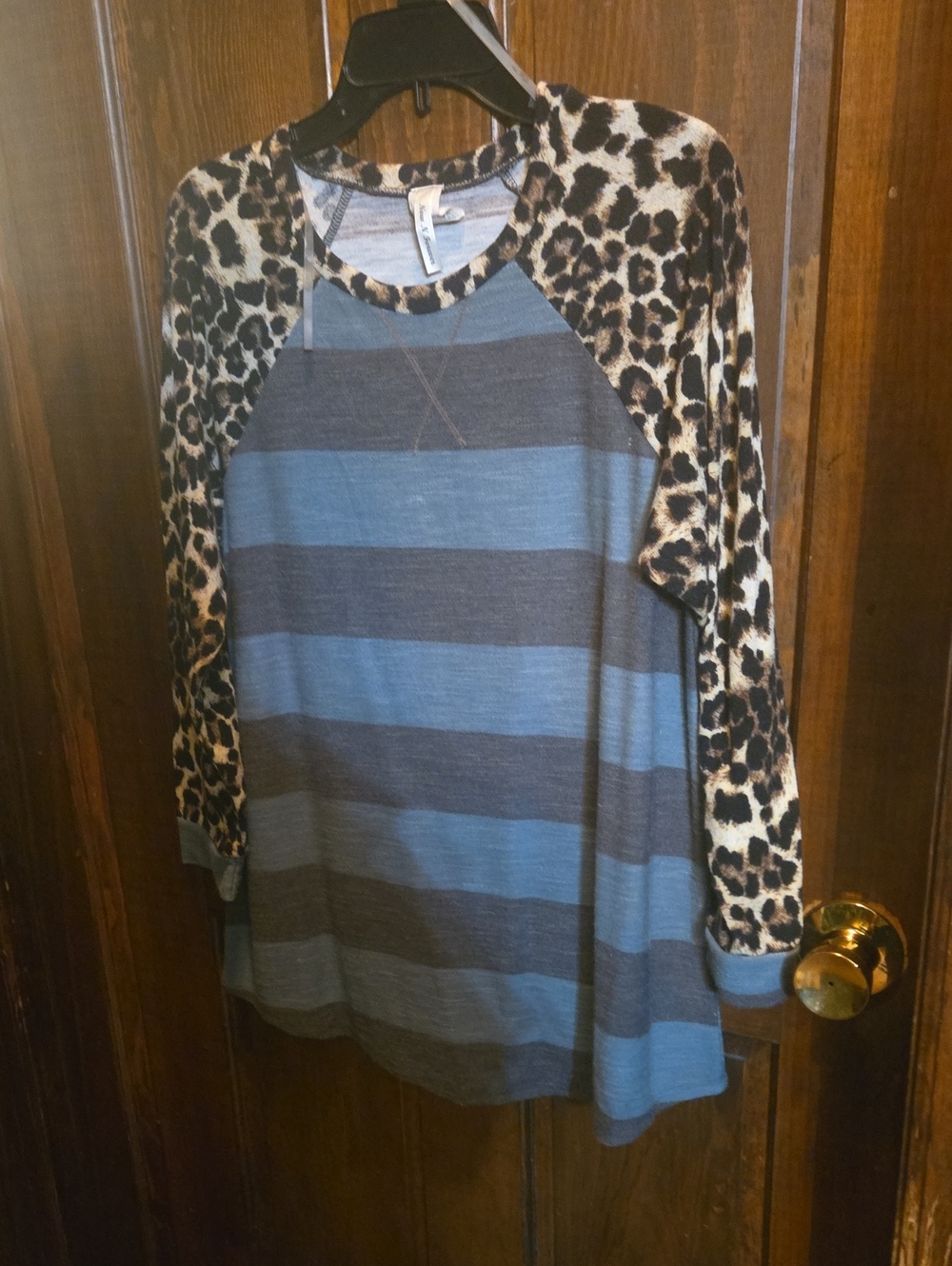 Now and Forever Blue and Gray Striped Top with Leopard Raglan Sleeves